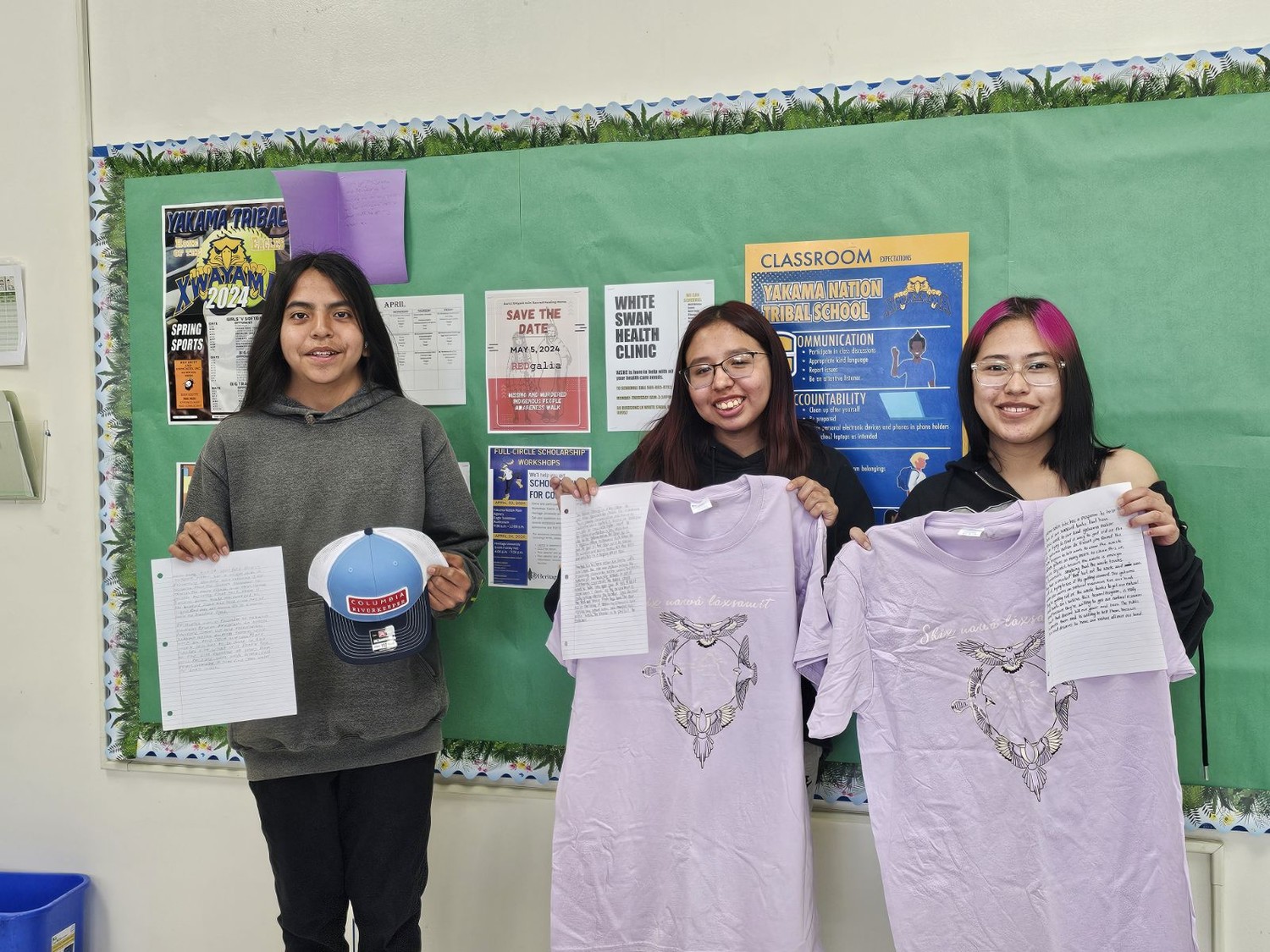 This picture is of the three students that won our Hanford summary of their interpretation of the presentation in our classroom. The students are Alexandra Castillo, McKayla Broncheau, and Isaiah Goudy.  All the student’s interpretations are on our board in the hallway